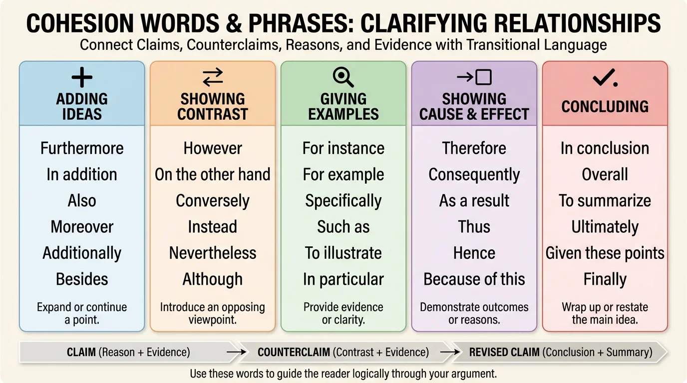 Chart organizing cohesion words and phrases into categories: adding ideas, showing contrast, giving examples, showing cause and effect, and concluding