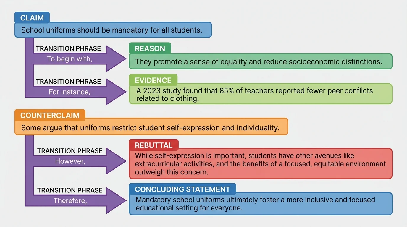 Diagram of an argument paragraph with color-coded labels for claim, reason, evidence, counterclaim, rebuttal, and transition phrases