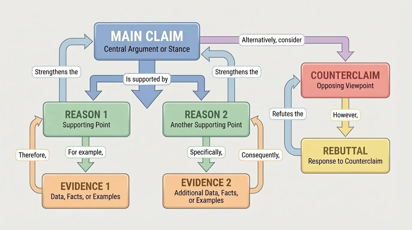 Flowchart showing a central claim linked to two reasons and pieces of evidence, with a side branch for counterclaim and rebuttal