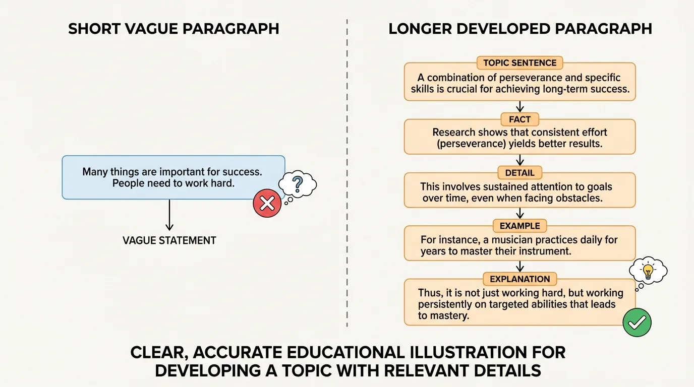side-by-side illustration of a short vague paragraph and a longer developed paragraph with labels for topic sentence, fact, detail, example, and explanation