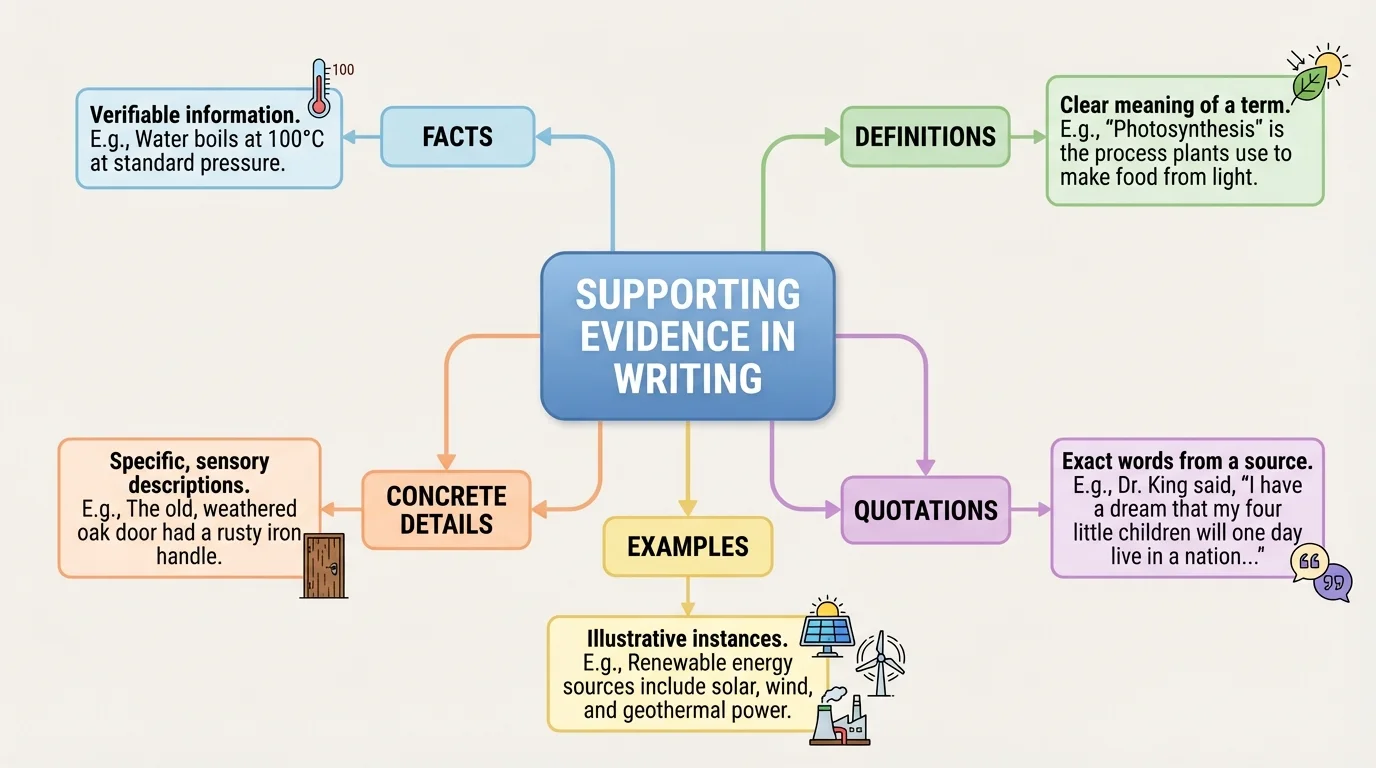 chart showing a main topic in the center with branches for facts, definitions, concrete details, quotations, and examples, each with a short sample note