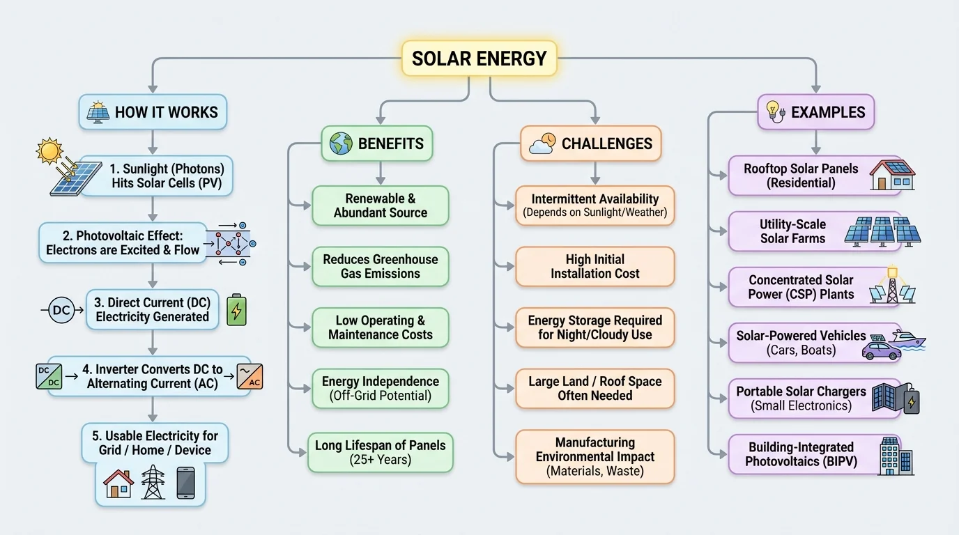 flowchart showing random notes about solar energy grouped into categories such as how it works, benefits, challenges, and examples