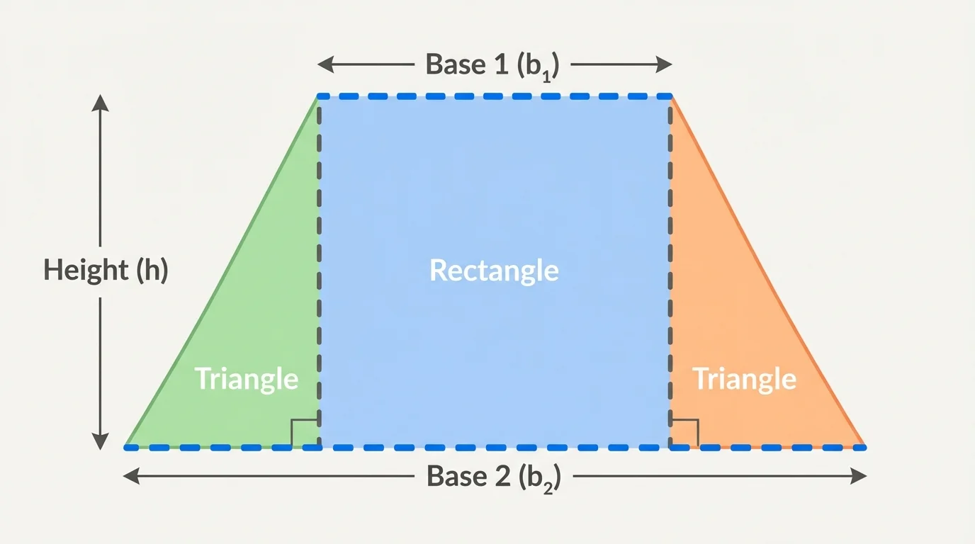 Trapezoid partitioned into a center rectangle and two side triangles with parallel sides highlighted
