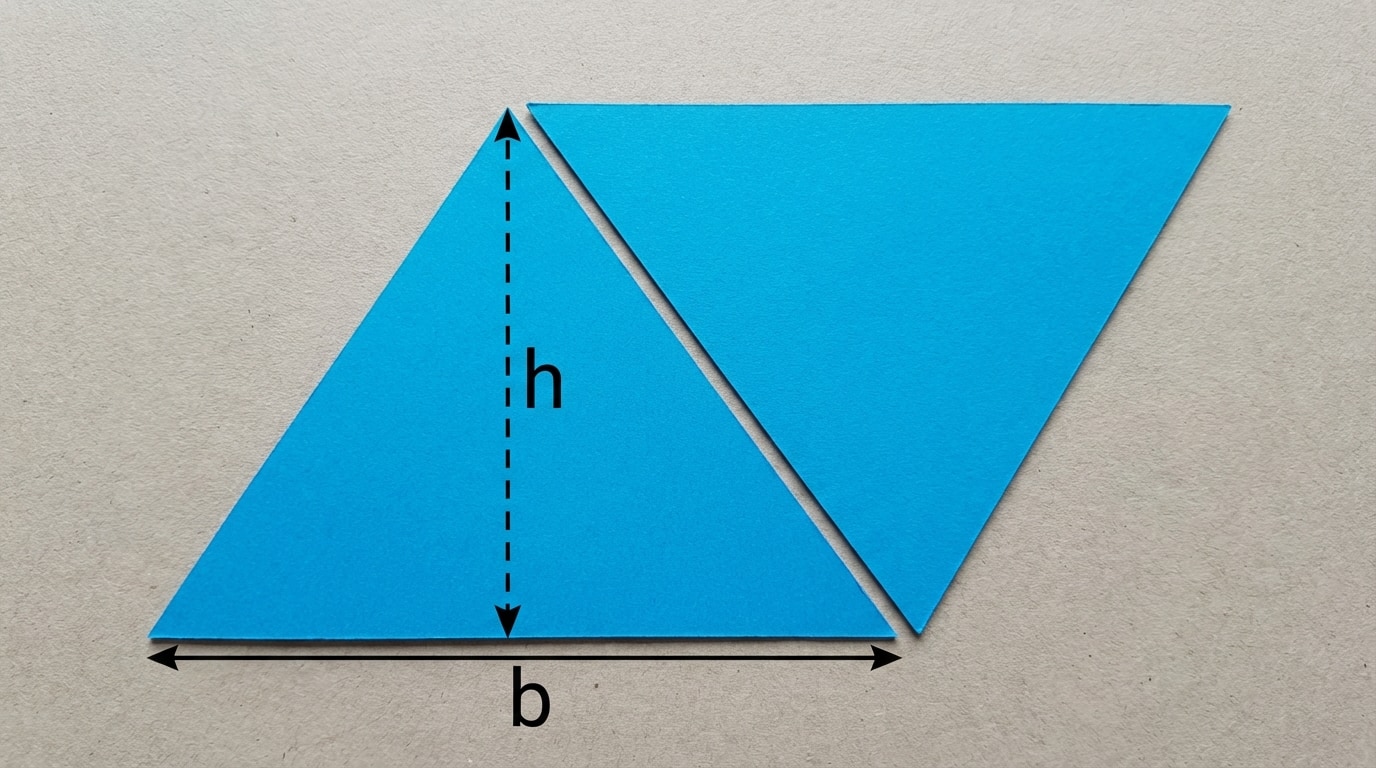 Two congruent non-right (acute) triangles arranged to form a parallelogram with base b and vertical height h marked