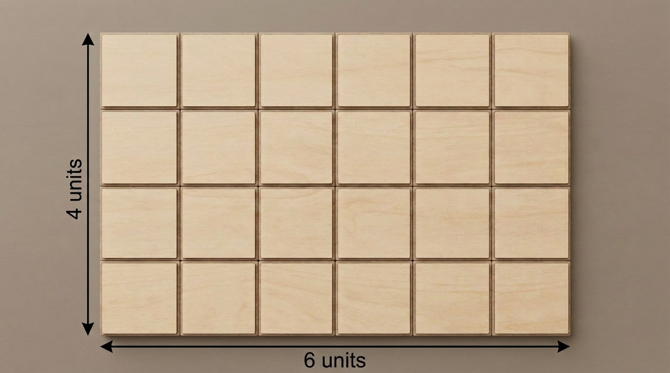 Rectangle covered with 1-unit squares, showing length 6 units and width 4 units, with rows and columns indicated
