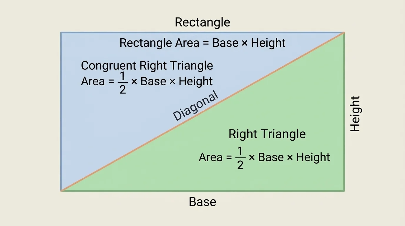 Right triangle inside a rectangle, showing shared base and height and the rectangle split into two congruent triangles