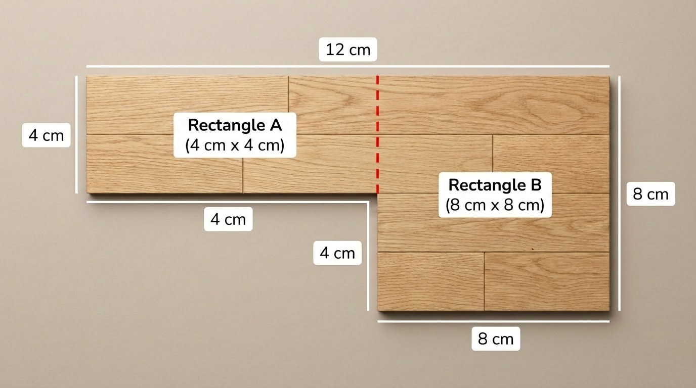 An L-shaped polygon (like a rectangular room with a smaller rectangle missing from one corner) split by a dashed line into two rectangles with all side lengths labeled