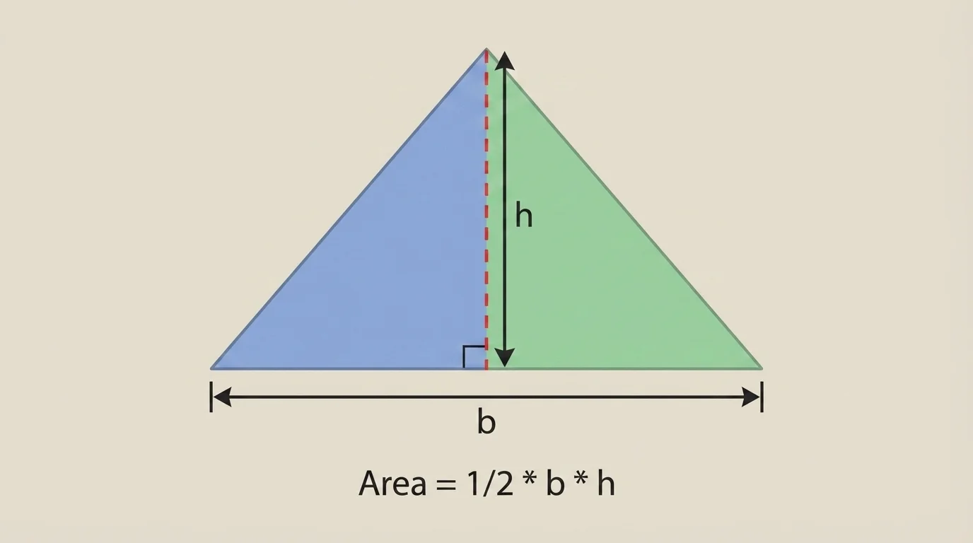 Non-right triangle with base labeled, perpendicular height drawn from a vertex, and the triangle split into two right triangles