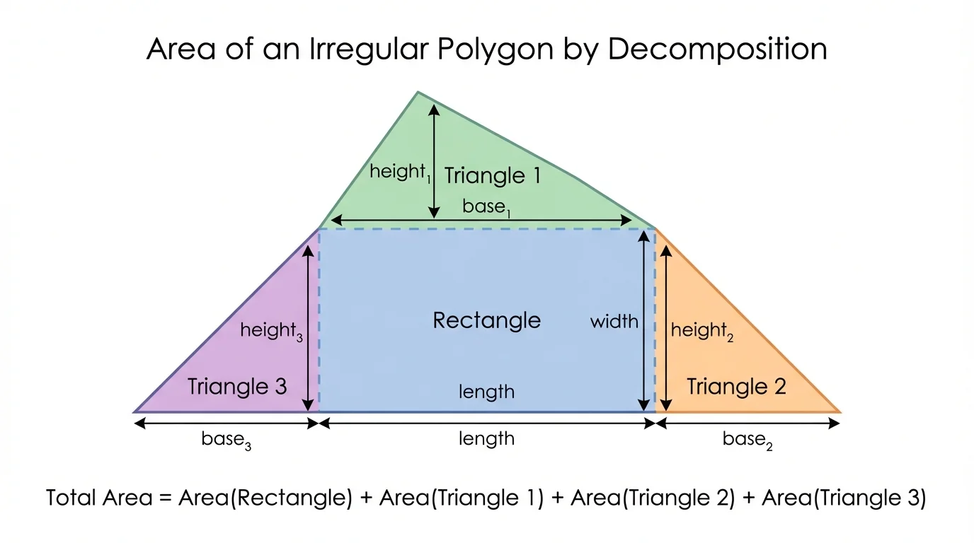 Five-sided polygon split by diagonals into three triangles and one rectangle with side lengths marked simply
