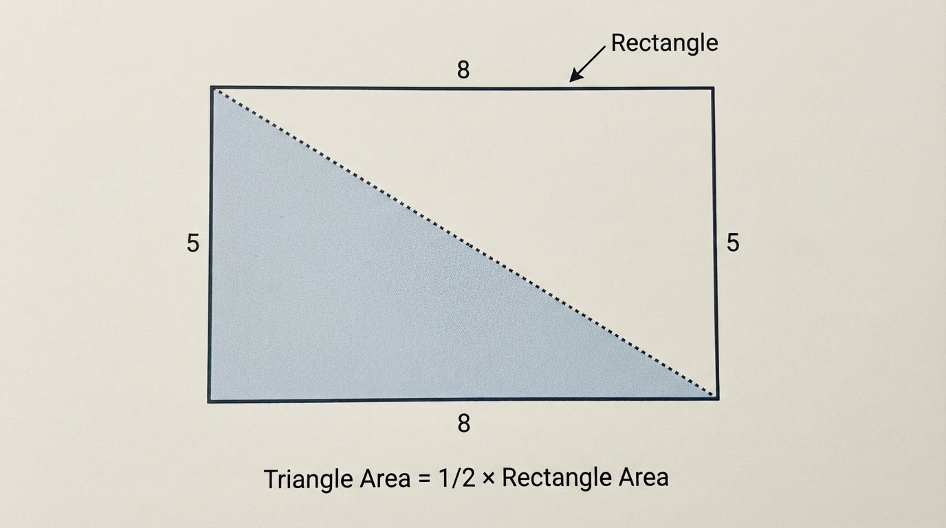Right triangle with legs 8 and 5 units placed inside an 8 by 5 rectangle, with the triangle shaded and the rectangle outline showing it is twice the triangle