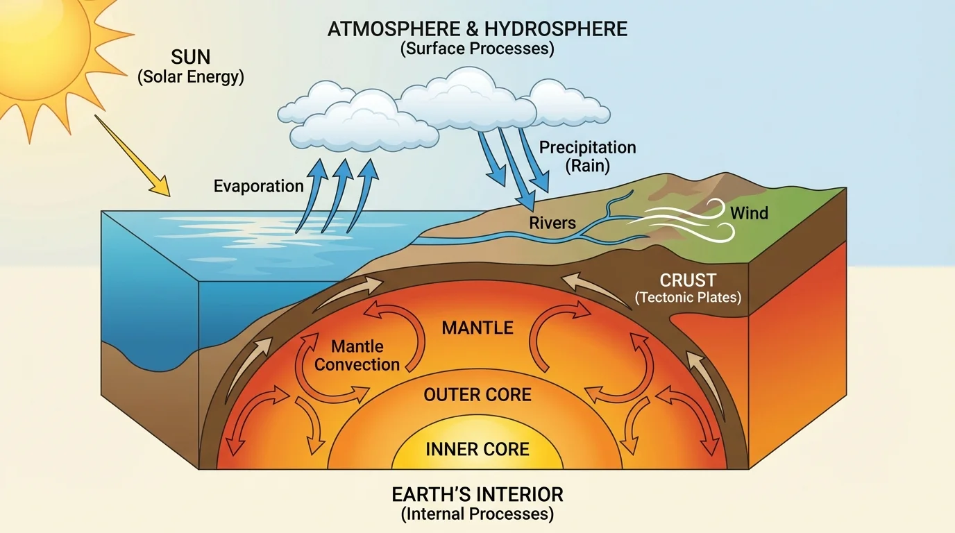 Cross-section of Earth showing the sun driving evaporation, clouds, rain, rivers, and wind at the surface, and Earth's interior driving mantle motion and moving tectonic plates below the crust