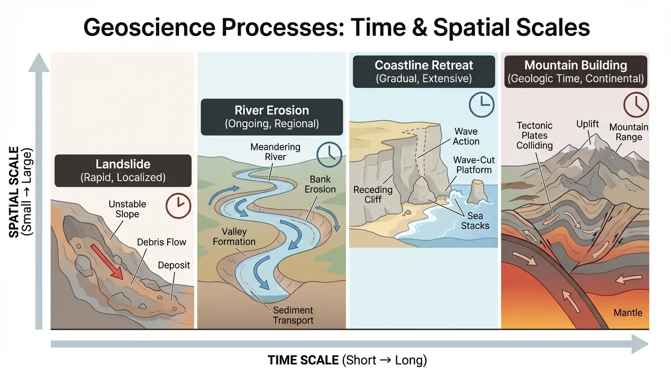 Comparison chart placing landslide, river erosion, coastline retreat, and mountain building on axes of short-to-long time scale and small-to-large spatial scale