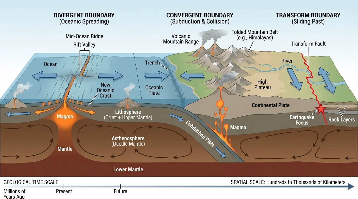 Labeled tectonic plate boundary diagram showing convergent plates forming mountains, divergent plates creating new crust, and transform plates sliding past each other