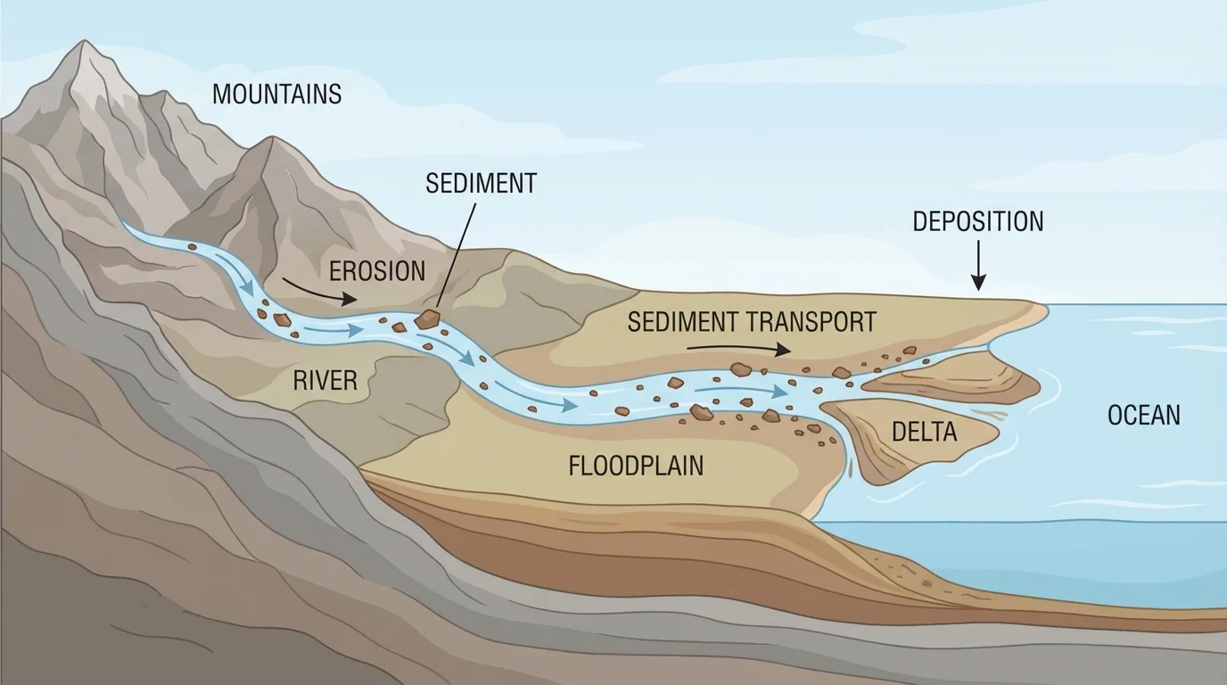 Landscape cross-section showing a river eroding rock in mountains, transporting sediment downstream, and depositing it on a floodplain and delta