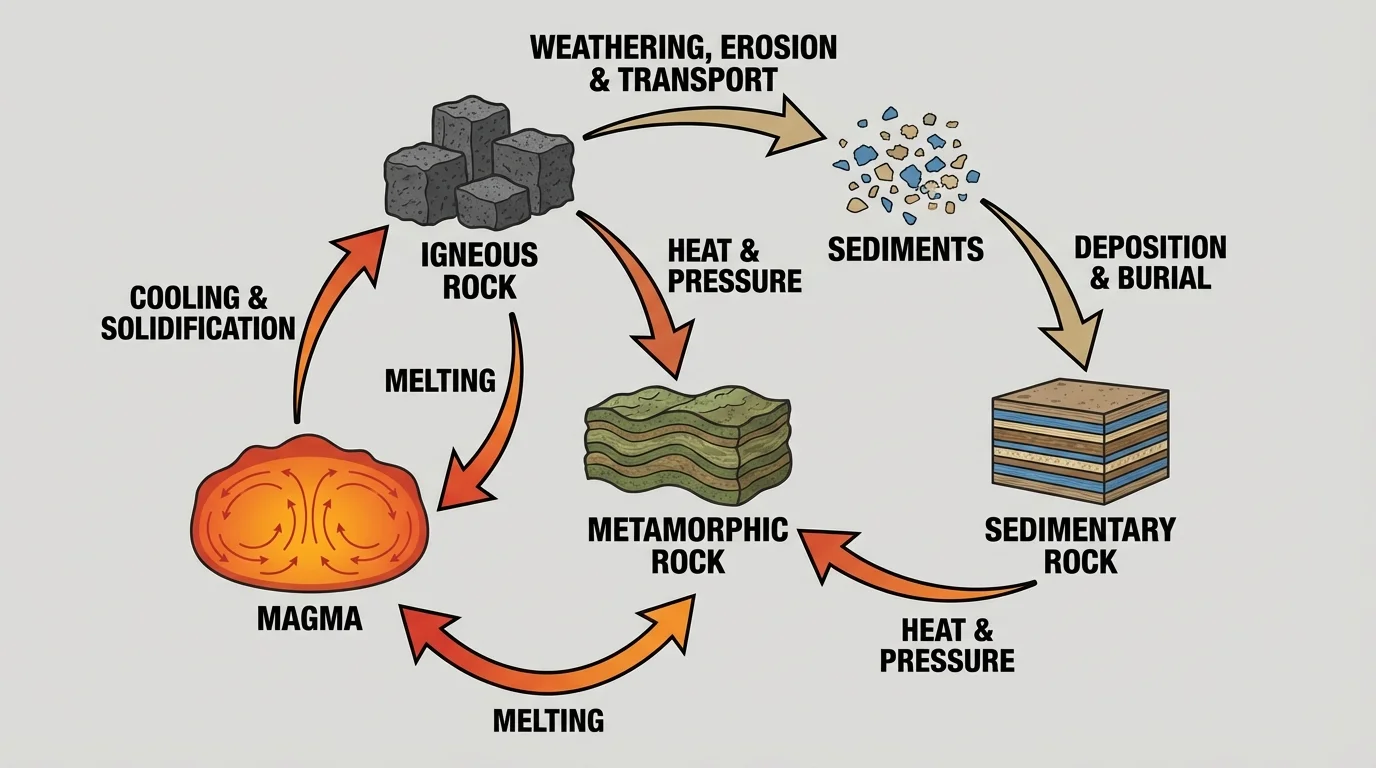 Rock cycle flowchart showing magma, igneous rock, sediments, sedimentary rock, and metamorphic rock with arrows labeled cooling, weathering, erosion, deposition, compaction, heat and pressure, and melting