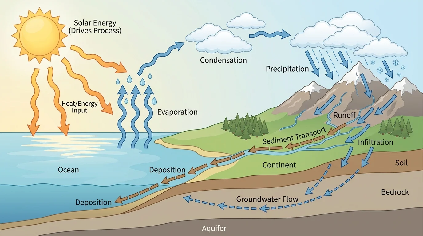 Landscape water cycle showing evaporation from ocean, condensation in clouds, precipitation on mountains, runoff to rivers, infiltration into soil, groundwater flow, and arrows showing sediment transport