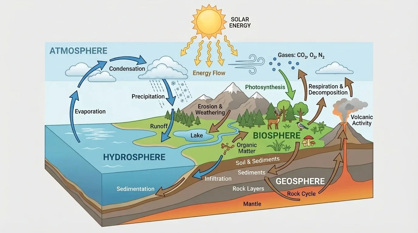 Labeled Earth systems diagram showing geosphere, hydrosphere, atmosphere, and biosphere with arrows for movement of water, gases, and sediments between them