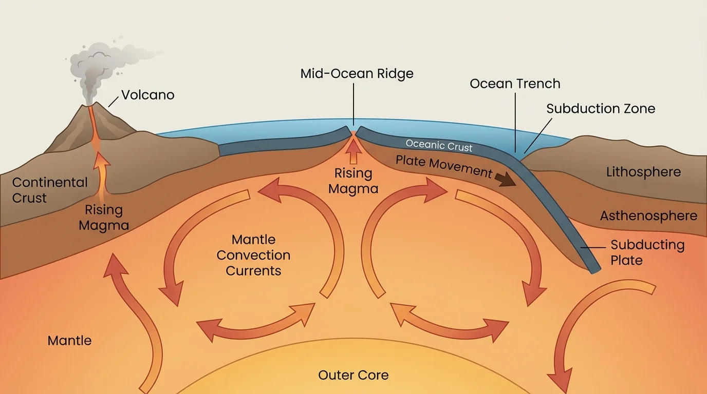 Cross-section of Earth showing mantle convection currents moving tectonic plates, with a mid-ocean ridge, ocean trench, subduction zone, rising magma, and volcano on a continent