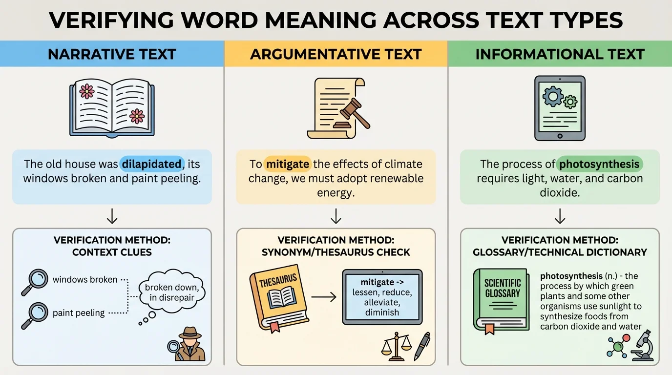 Three-column comparison of narrative, argumentative, and informational texts, each with a short sample sentence and highlighted word whose meaning is verified through different clues
