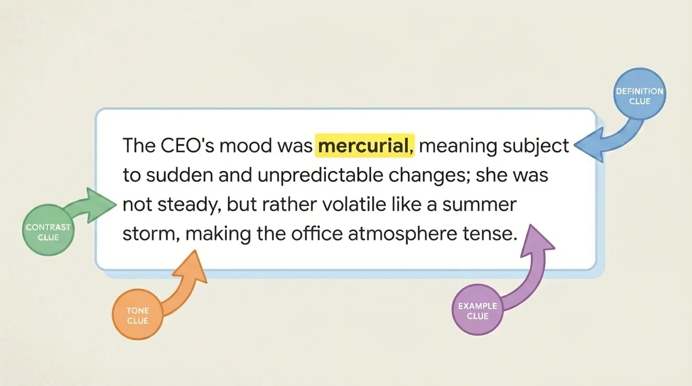 Annotated paragraph with one highlighted unknown word and arrows labeling definition clue, contrast clue, example clue, and tone clue around it