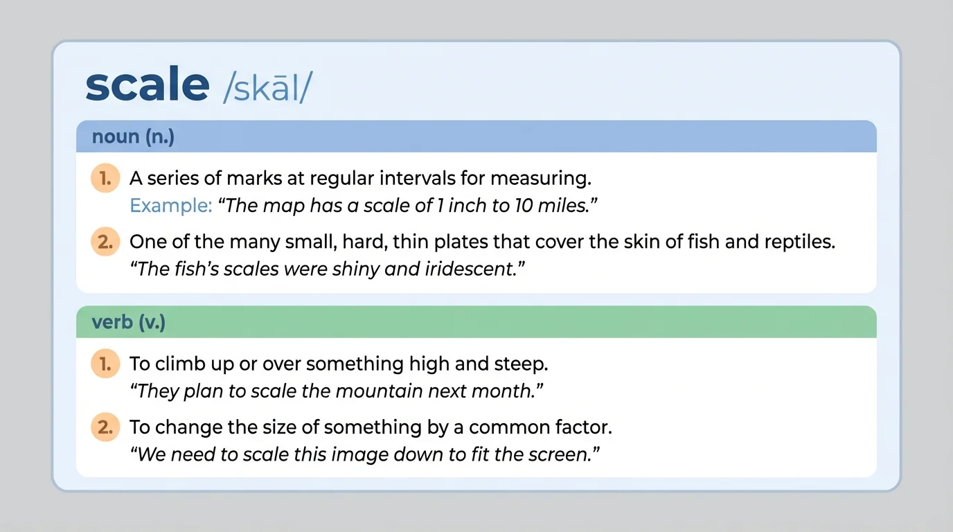 Simplified dictionary entry showing a headword, pronunciation, part of speech labels, multiple numbered definitions, and one example sentence for each meaning