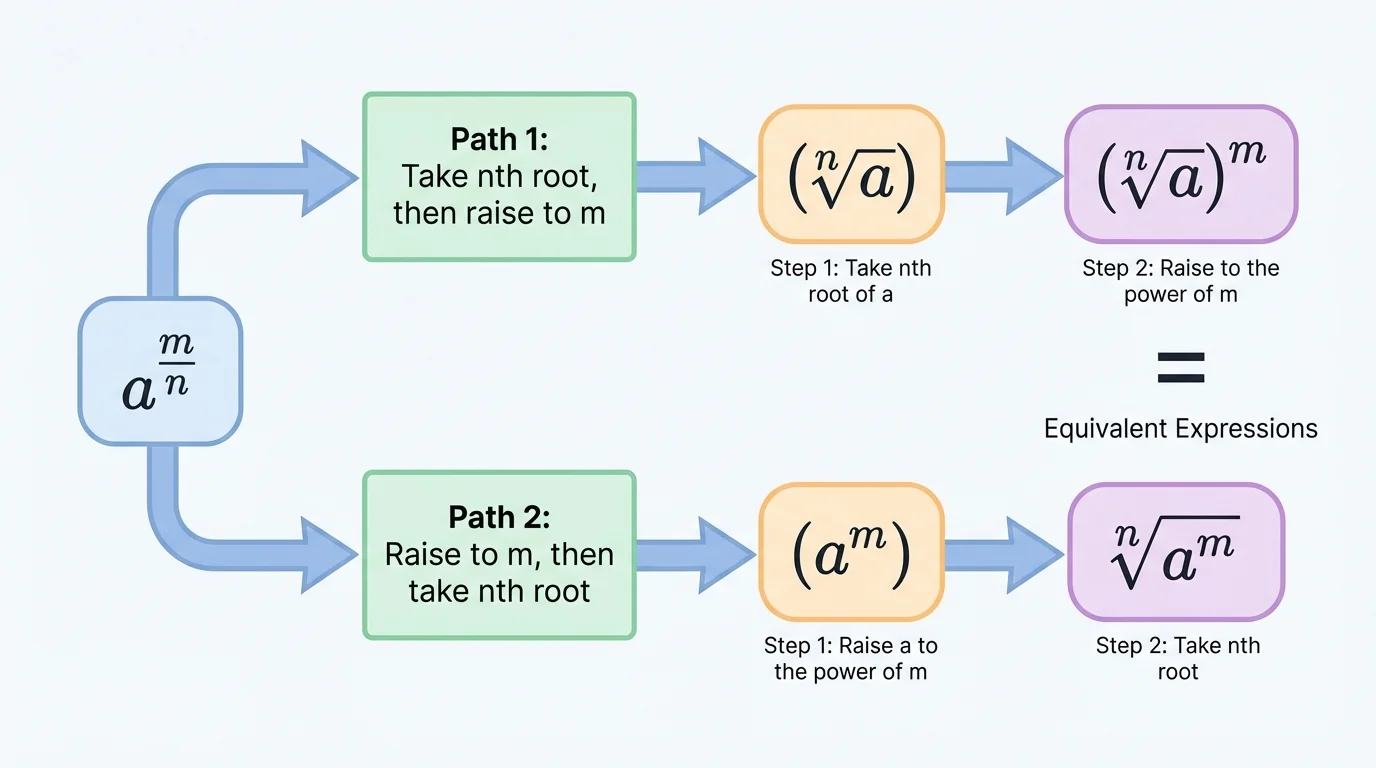 Flowchart showing two equivalent paths for rewriting a^(m/n): path one take nth root then raise to m, path two raise to m then take nth root