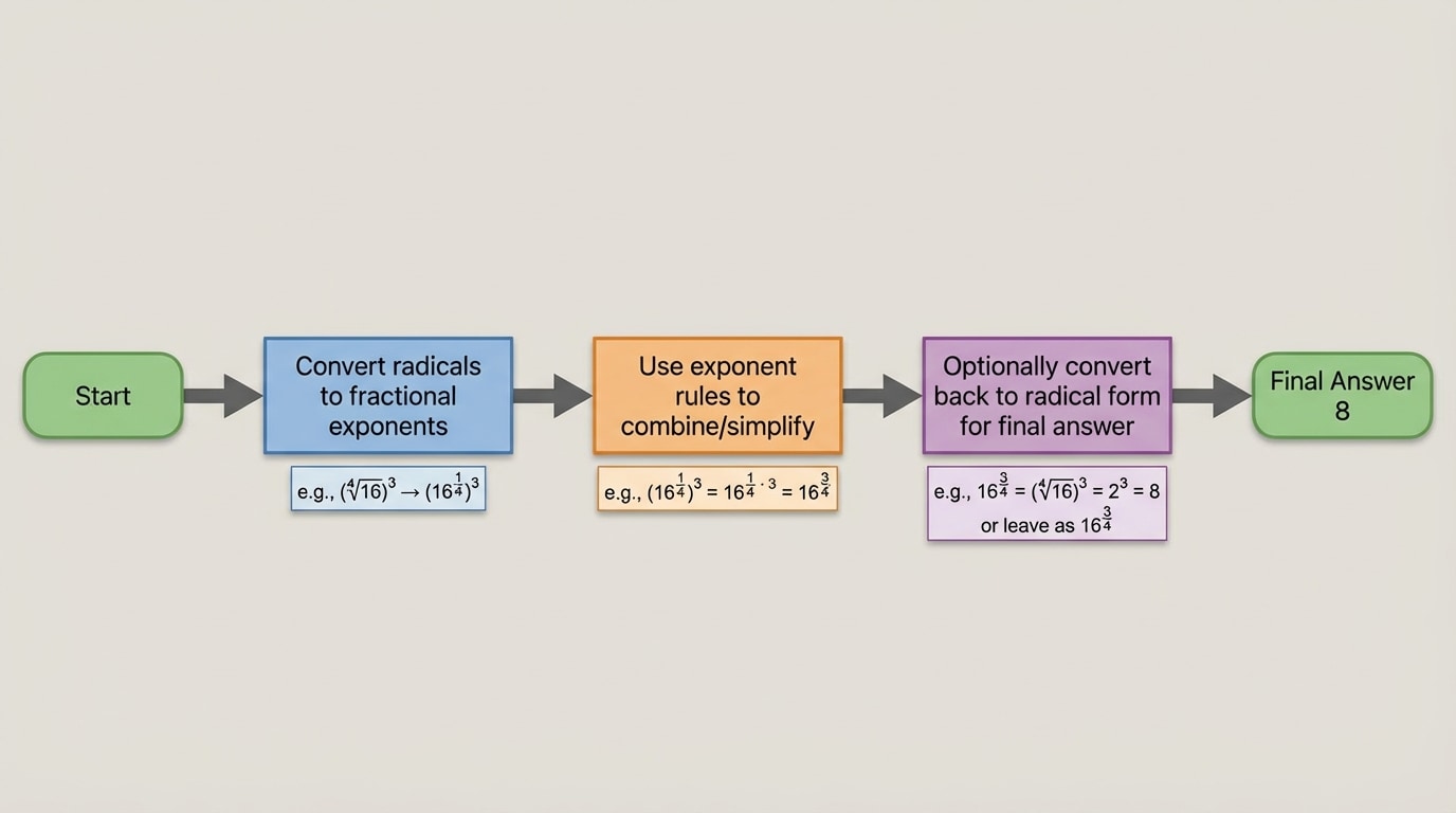 Flowchart showing: Start → Convert radicals to fractional exponents → Use exponent rules to combine/simplify → Optionally convert back to radical form for final answer, with an example like 16^{3/4} traveling through the steps