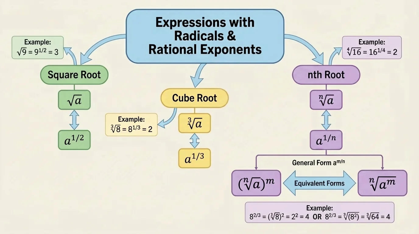 Concept map linking square root, cube root, nth root, and equivalent rational exponent forms such as a^(1/n), nth root of a, and a^(m/n) as root then power