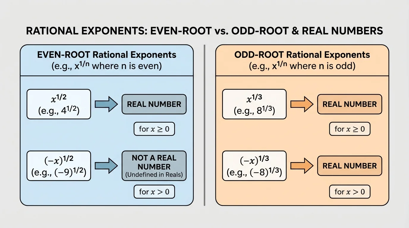 Comparison chart of even-root and odd-root rational exponents with sample inputs such as x^(1/2), x^(1/3), (-9)^(1/2), and (-8)^(1/3), showing which are real