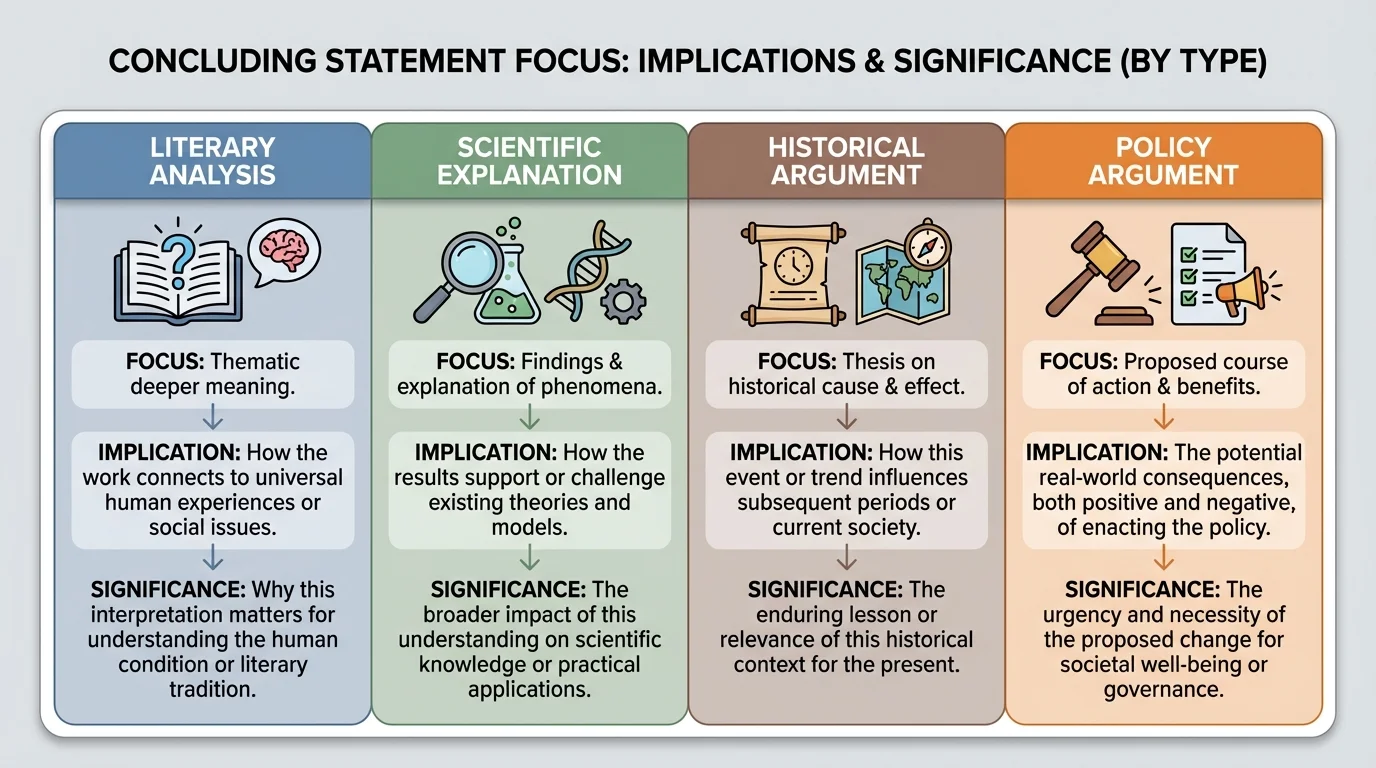 Comparison chart with four columns for literary analysis, scientific explanation, historical argument, and policy argument, showing the focus of each type of conclusion