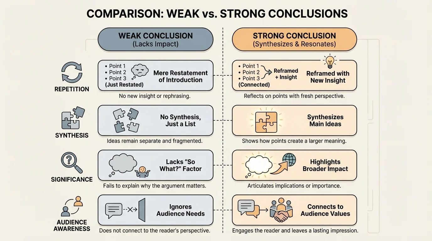 Chart comparing weak and strong conclusion paragraphs with brief labels for repetition, synthesis, significance, and audience awareness