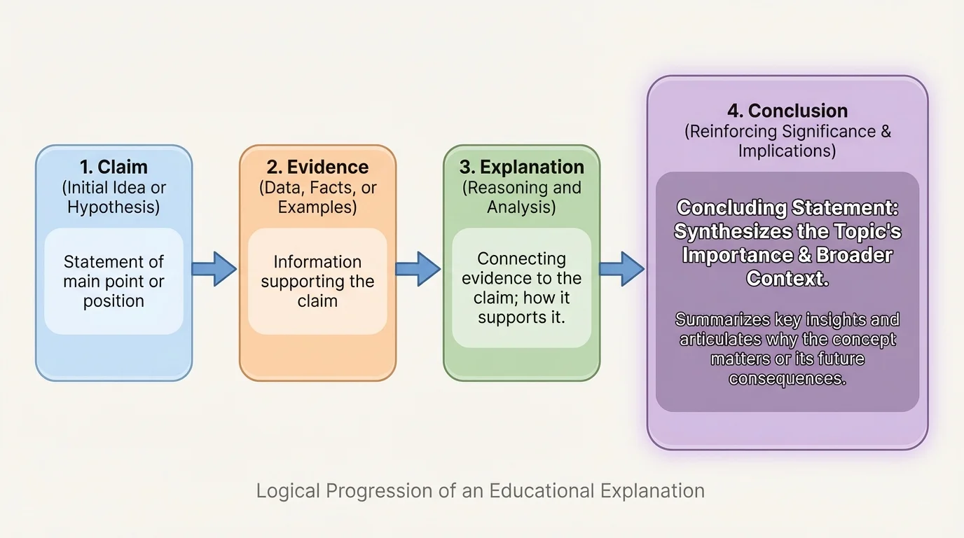 Flowchart showing claim leading to evidence and explanation, ending in a conclusion that reinforces significance