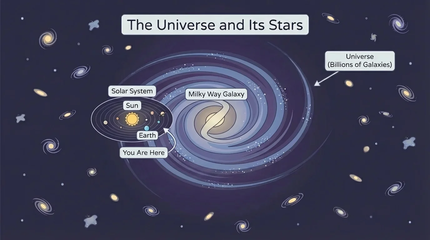 Earth's solar system shown inside one arm of the Milky Way, with the whole galaxy surrounded by many distant galaxies in deep space