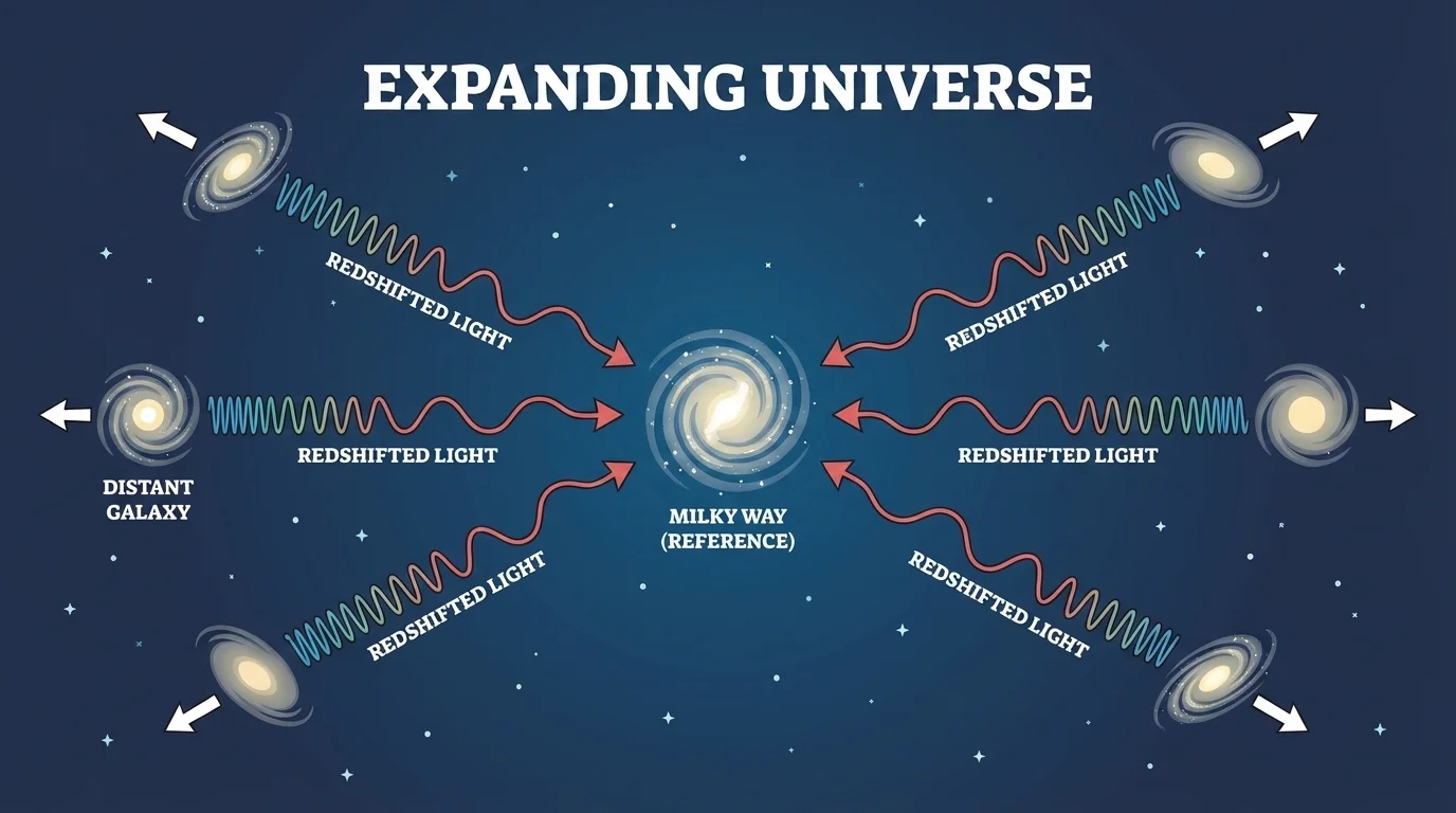 Expanding universe with several galaxies moving apart, arrows pointing outward, and light stretched toward the red end of the spectrum