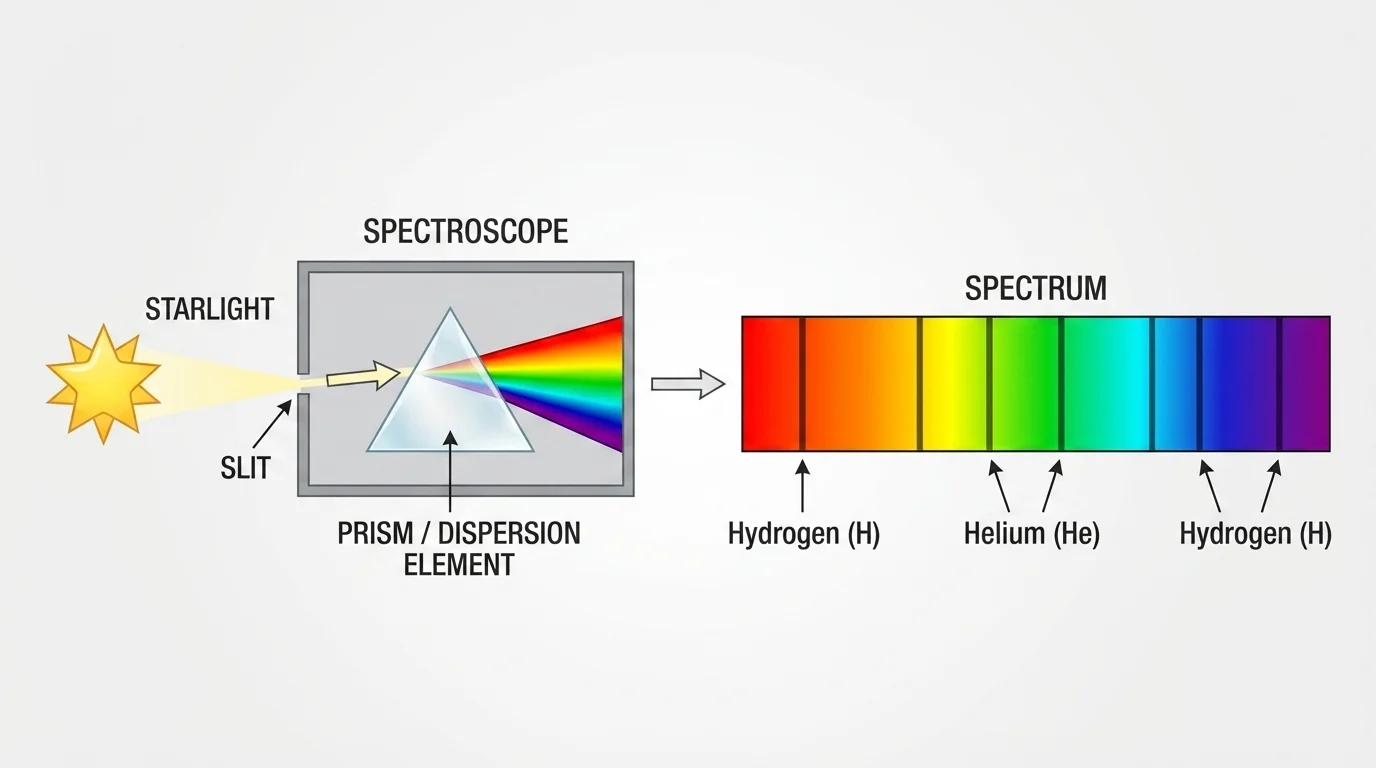 Starlight entering a spectroscope and spreading into a rainbow spectrum with dark absorption lines labeled for hydrogen and helium