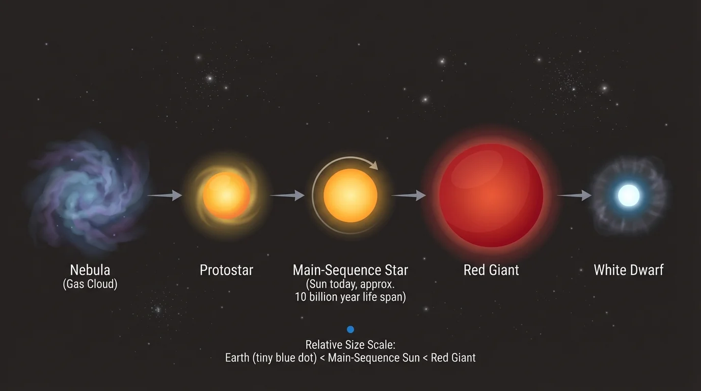 Life stages of the Sun from gas cloud to protostar to main-sequence star to red giant to white dwarf, with relative size changes