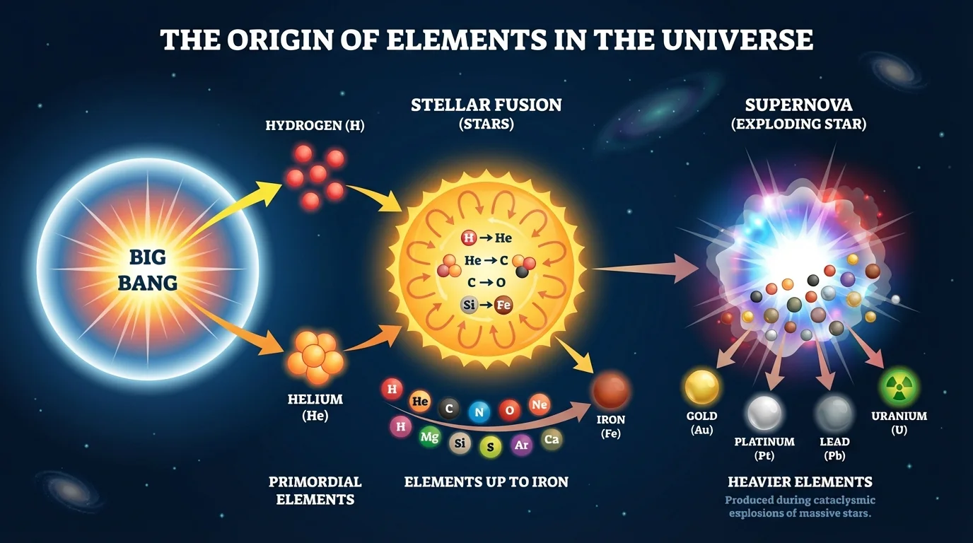 Big Bang producing hydrogen and helium, stars fusing elements up to iron, and a supernova producing heavier elements such as gold and uranium