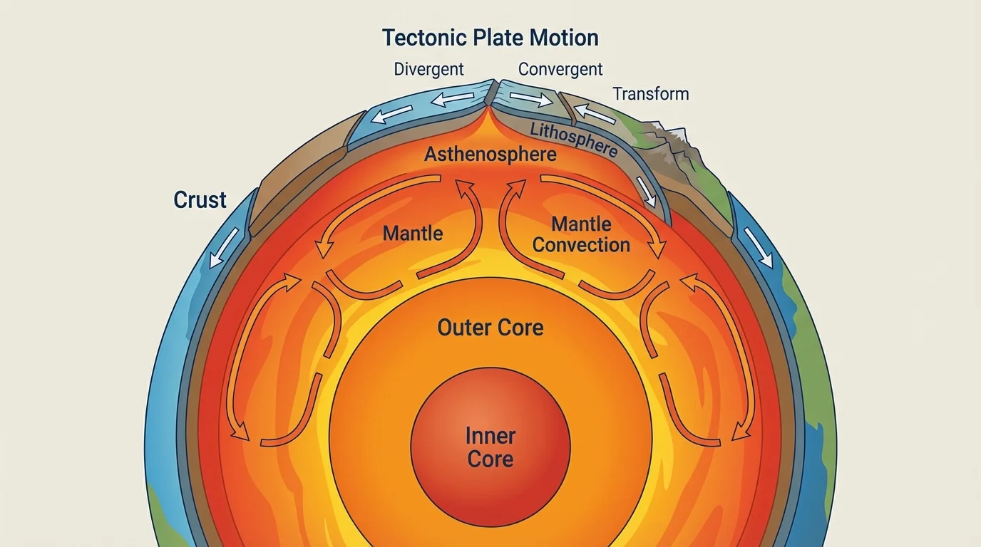 Cross-section of Earth labeled crust, mantle, outer core, inner core, lithosphere, and asthenosphere, with arrows showing mantle convection and tectonic plate motion at the surface