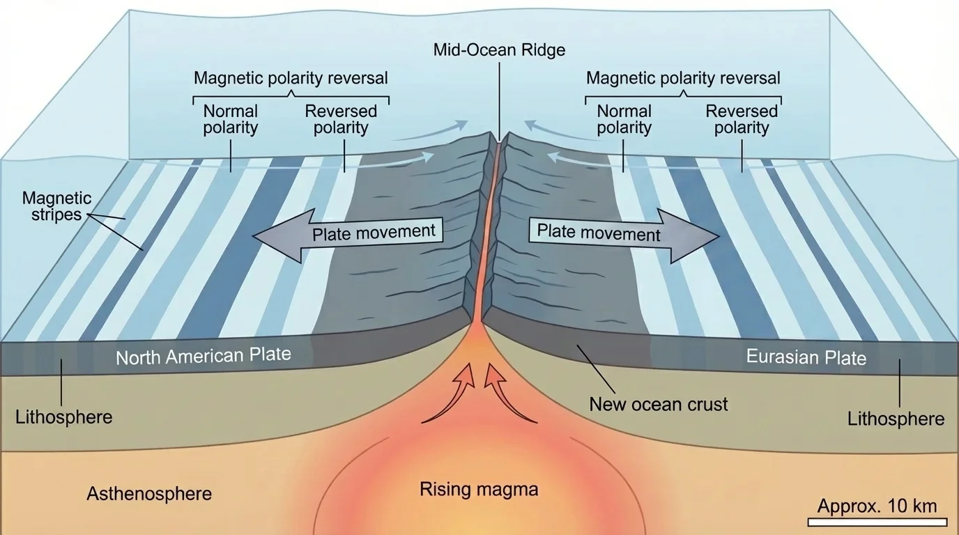 Mid-ocean ridge with magma rising, new ocean crust forming, plates moving apart, and matching magnetic stripe bands on both sides of the ridge