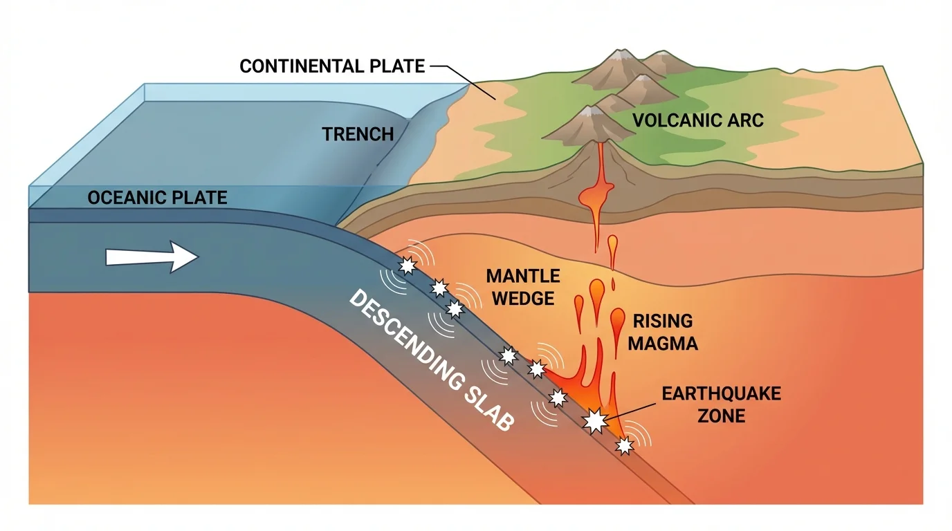 Oceanic plate subducting beneath a continental plate with labeled trench, descending slab, mantle wedge, rising magma, volcanic arc, and earthquake zone