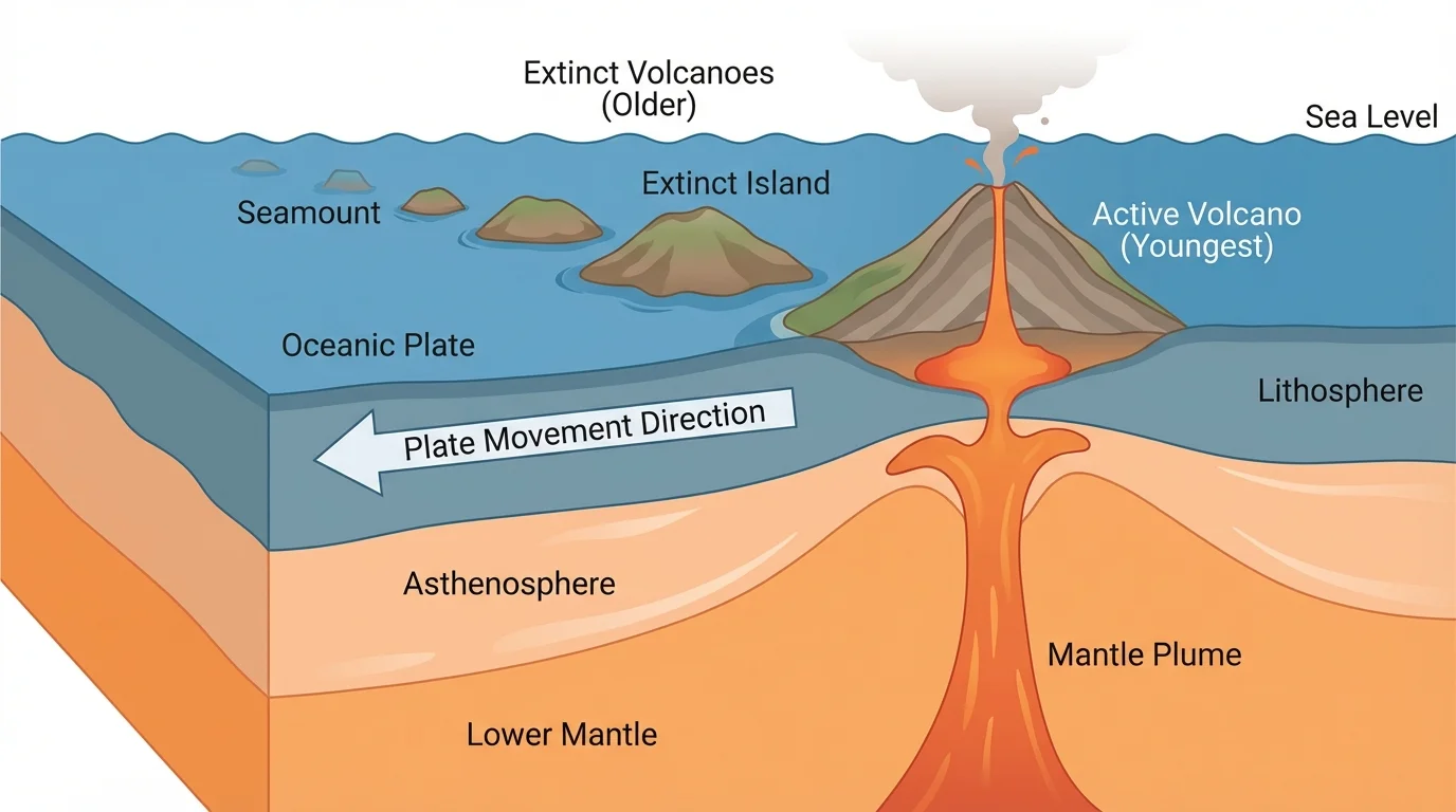 Stationary mantle plume beneath a moving oceanic plate forming a chain of volcanic islands, with the youngest active volcano over the plume and older extinct islands trailing away