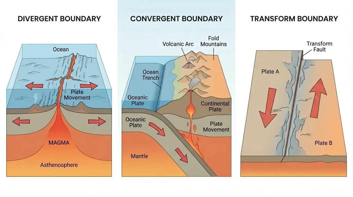 Three-panel comparison of plate boundaries showing divergent plates at a ridge, convergent plates with subduction, and transform plates sliding past each other along a fault