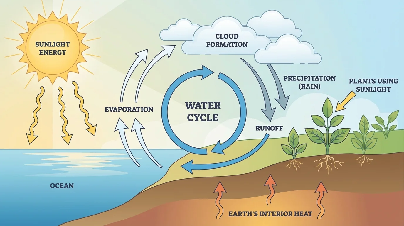 Water cycle and surface energy diagram showing sunlight, evaporation from ocean, cloud formation, rain, runoff, and plants using sunlight