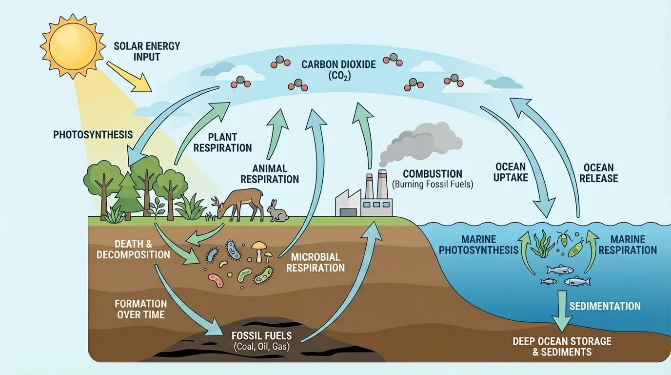 Carbon cycle diagram showing carbon dioxide in air, plants, animals, decomposition, ocean exchange, and burning fuels