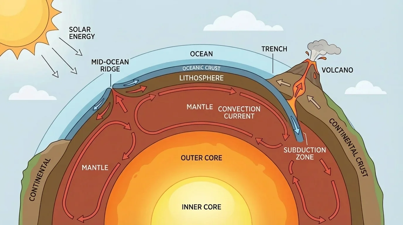 Cross-section of Earth showing crust, mantle, convection currents, moving plates, subduction zone, mid-ocean ridge, and volcano