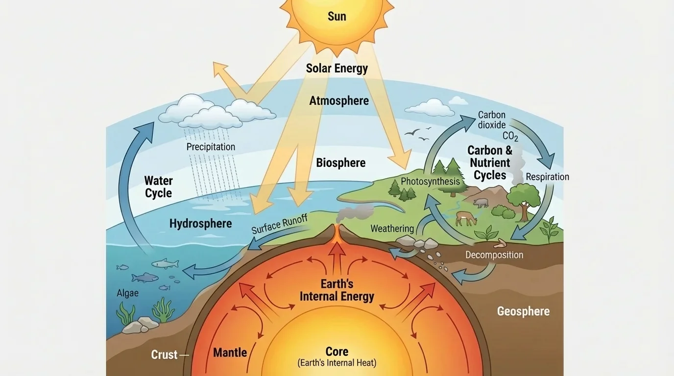 Labeled diagram of geosphere, hydrosphere, atmosphere, and biosphere with arrows showing matter cycling and energy flow between systems
