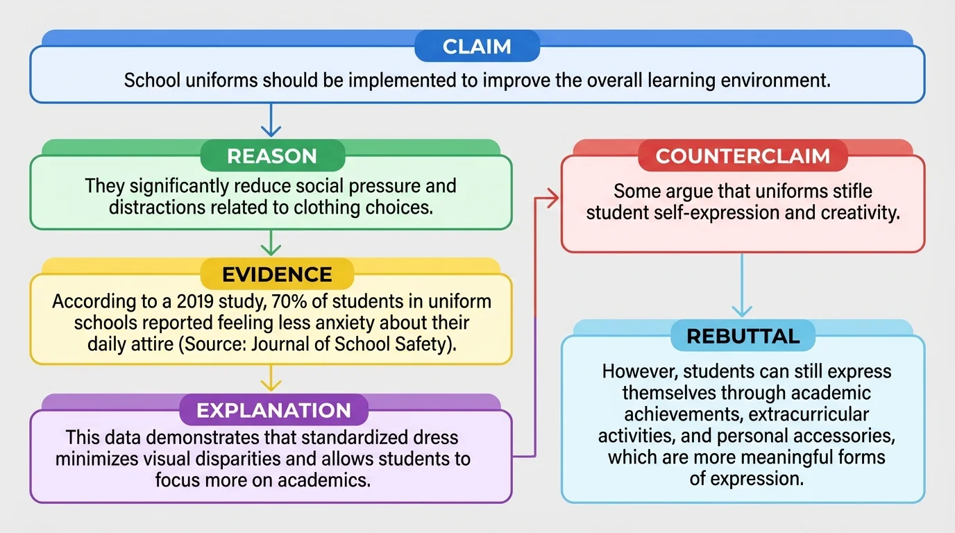 illustration of a sample school-uniform argument paragraph with color-coded labels for claim, reason, evidence, explanation, counterclaim, and rebuttal