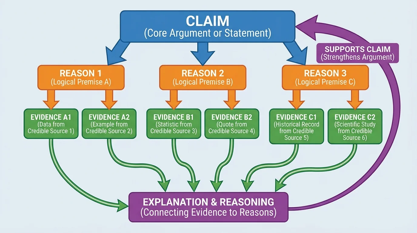 flowchart showing claim at top, reasons beneath, evidence boxes supporting each reason, and explanation arrows connecting evidence back to claim