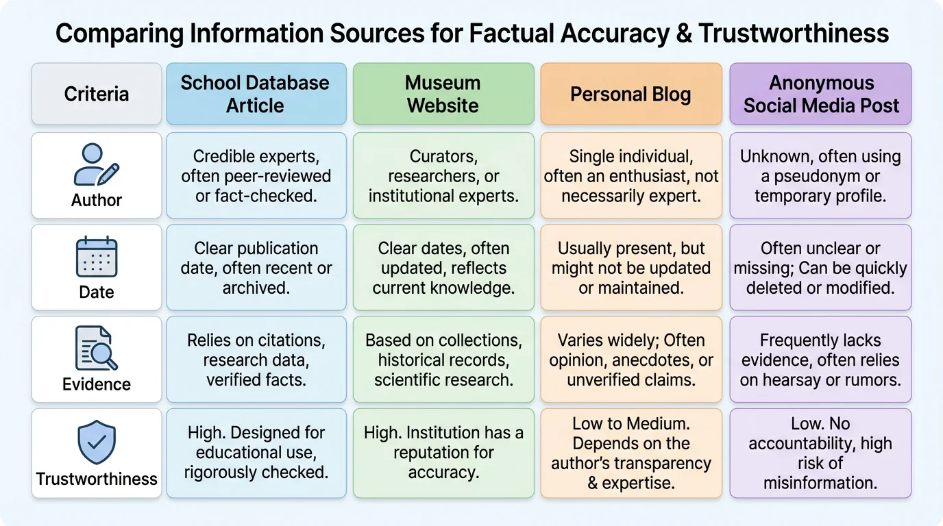 chart comparing a school database article, a museum website, a personal blog, and an anonymous social media post across author, date, evidence, and trustworthiness