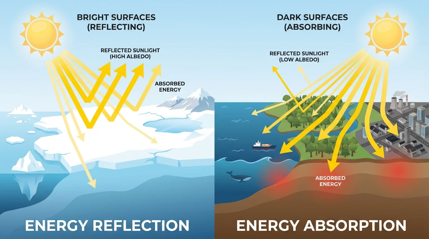 Comparison of bright ice reflecting much sunlight and darker ocean, forest, and city surfaces absorbing more solar energy